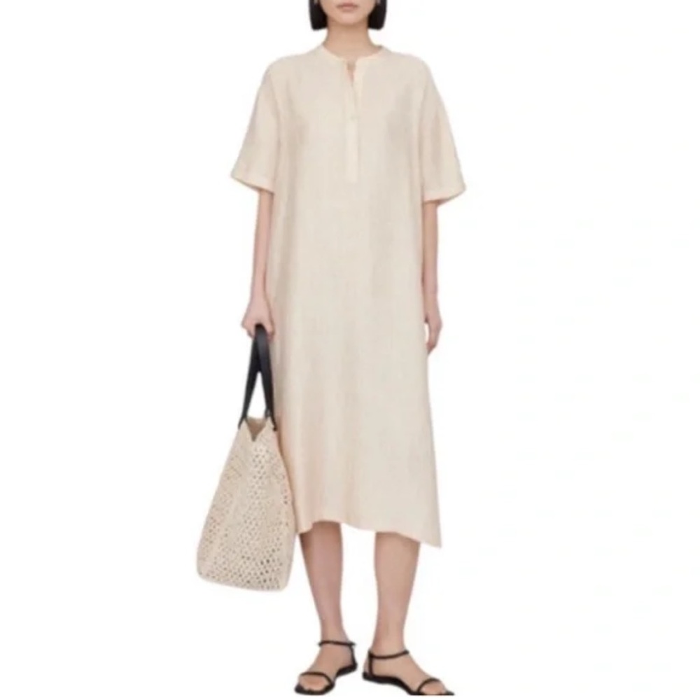 Yellow 100% Linen Midi Dress Open Twist Back Boxy Tunic new with tag